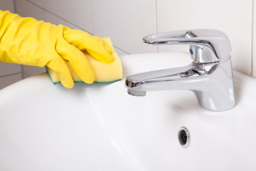 Professional cleaner dusting a modern kitchen